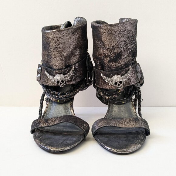 Zadig & Voltaire Rocstar Crystal Skull Crackled Metallic Leather Heels | Size 7 - Picture 1 of 16